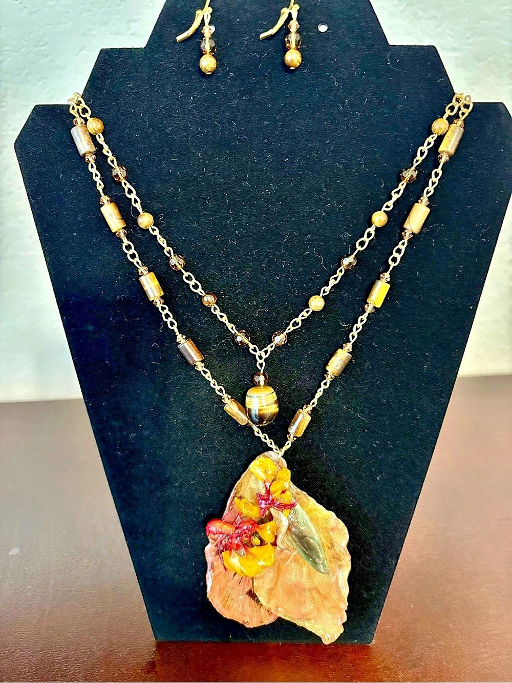 Statement Pendant Necklace & Earrings in Gold & Orange